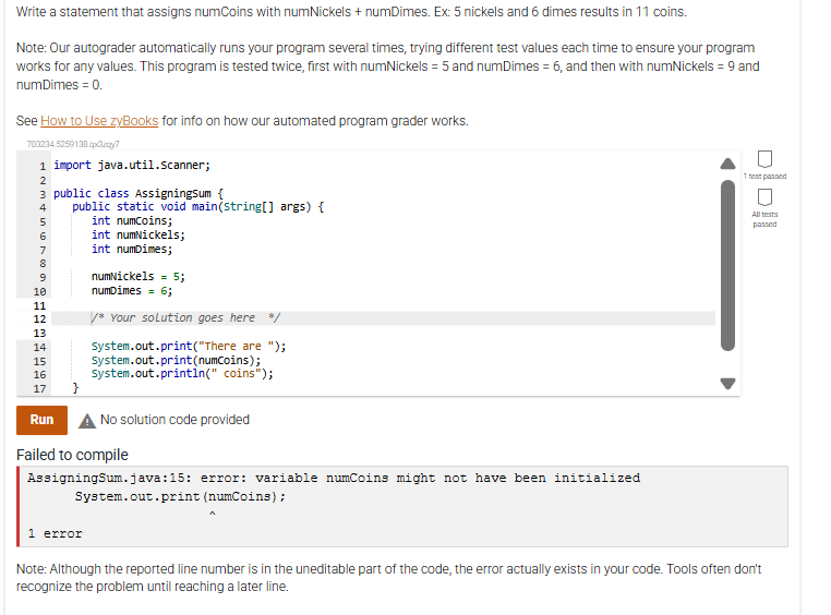 solve Write a statement that assigns numCoins