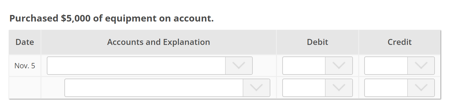 Solve Purchased $5,000 of equipment on account.