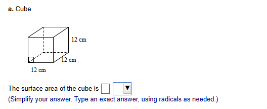 12 com The surface area of the cube is [ | |