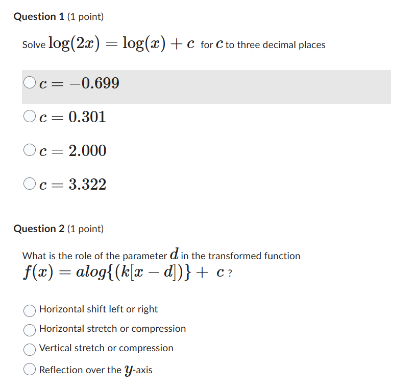 Question 1 (1 point) Solve log (2x) = log(x) + C