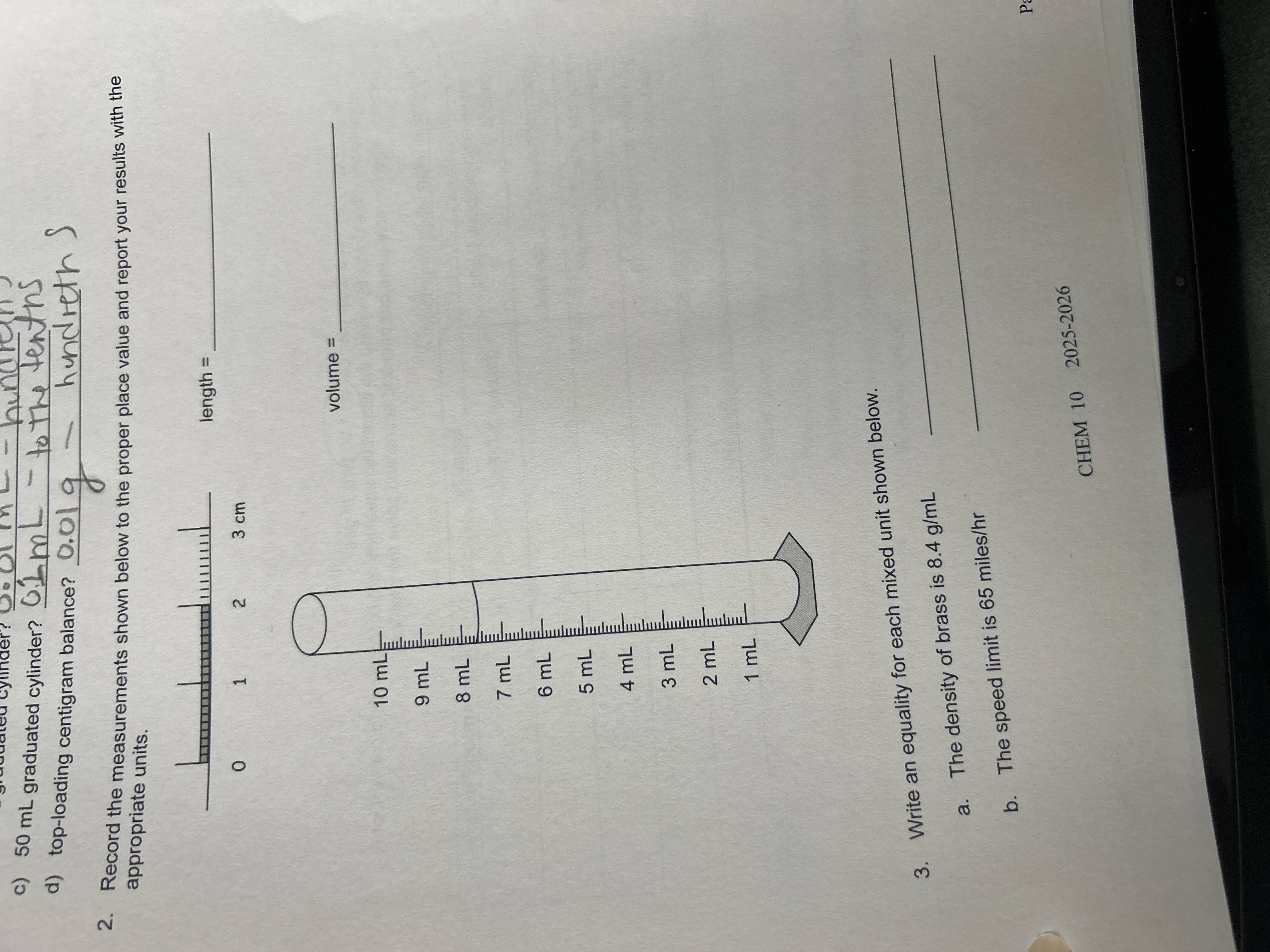 Solve c) 50 mL graduated cylinder? Olm- to the