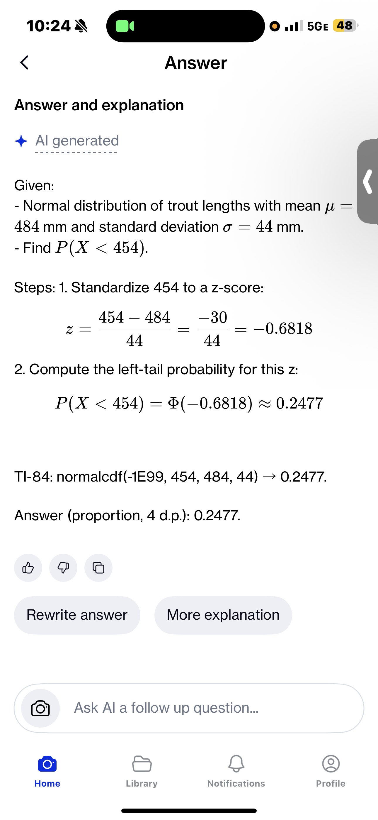 10:24 O .1 5GE 48 Answer Answer and explanation
