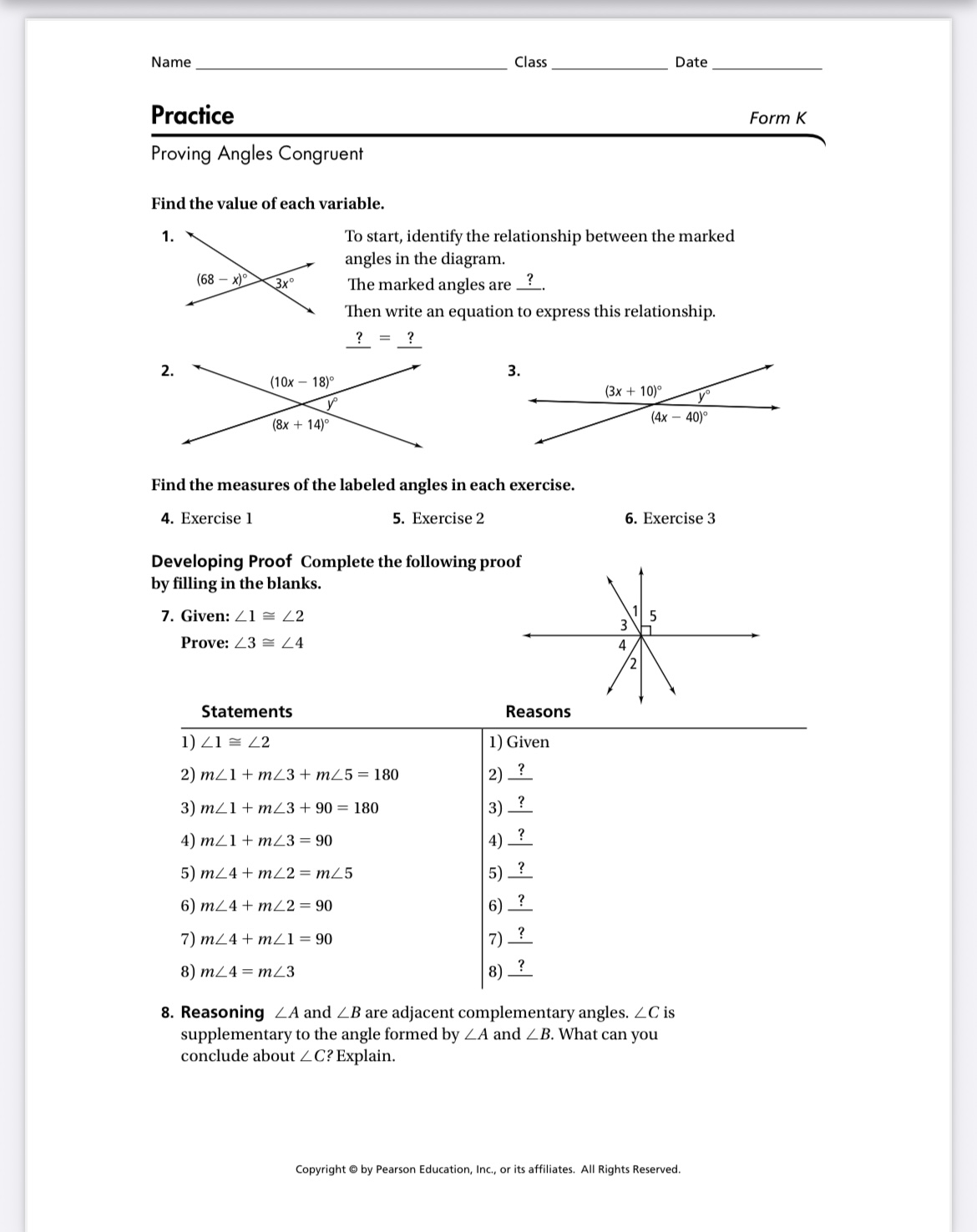 Name Class Date Practice Form K Proving Angles