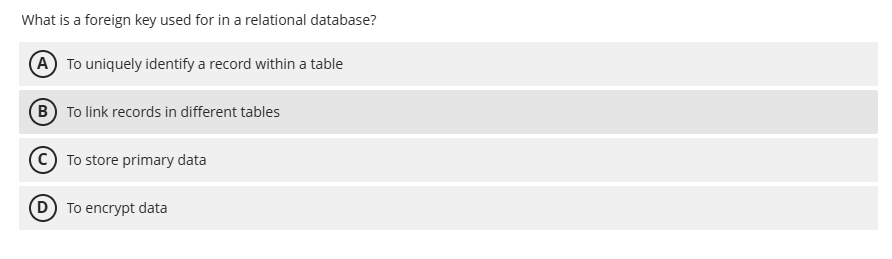 Solve What is a foreign key used for in a