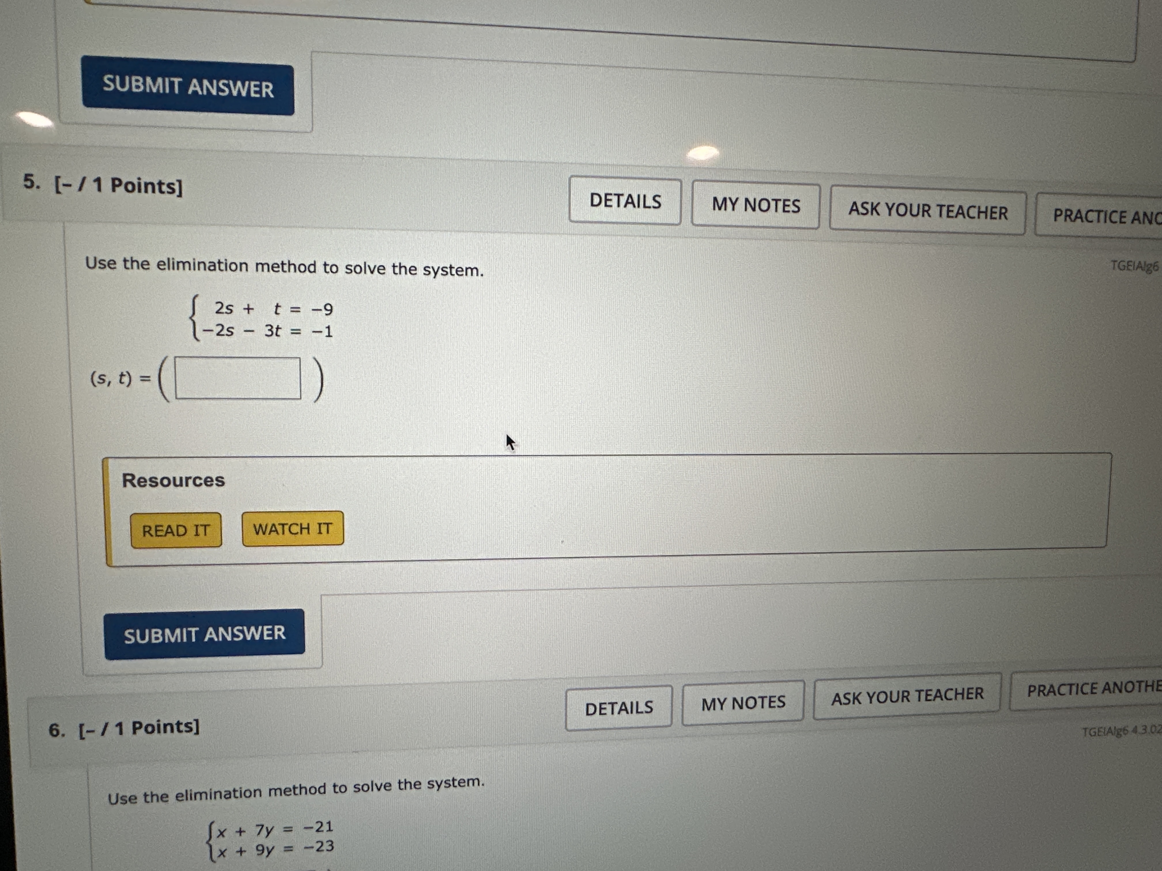 Solve SUBMIT ANSWER 5. [-/ 1 Points] DETAILS MY