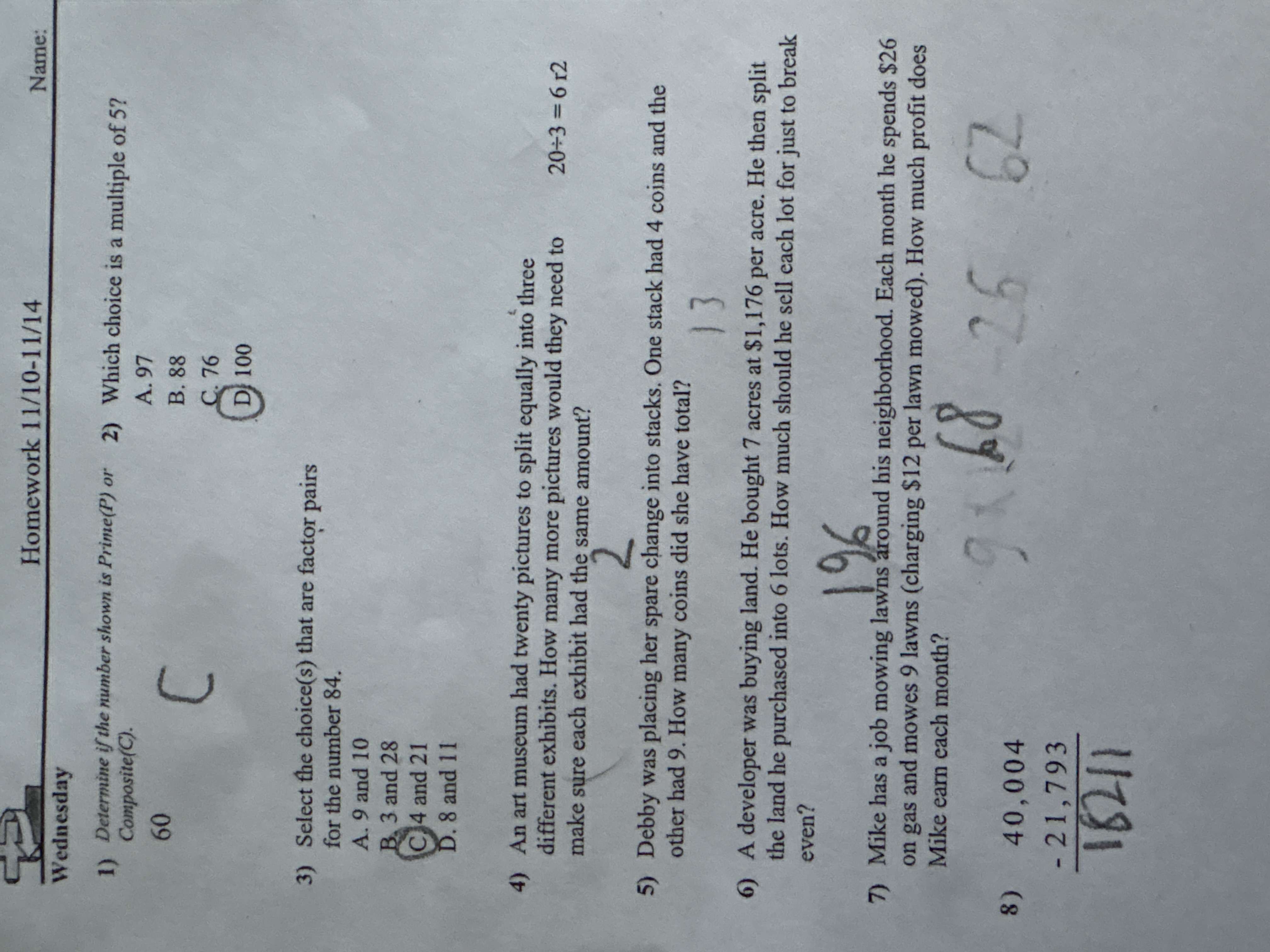 answer Homework 11/10-11/14 Name: Wednesday 1)