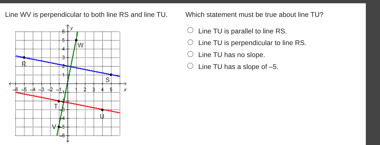 Line WV is perpendicular to both line RS and line