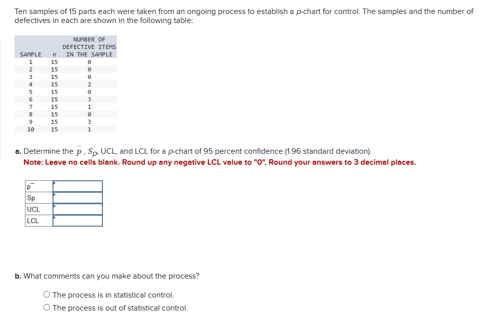 pls solve Ten samples of 15 parts each were taken