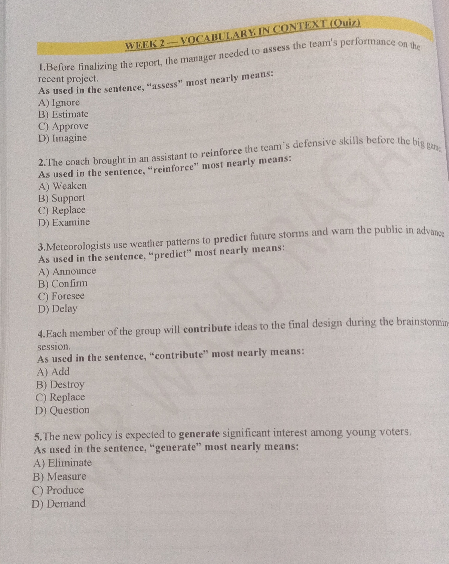 Solve WEEK 2 - VOCABULARY. IN CONTEXT (Quiz) 1.
