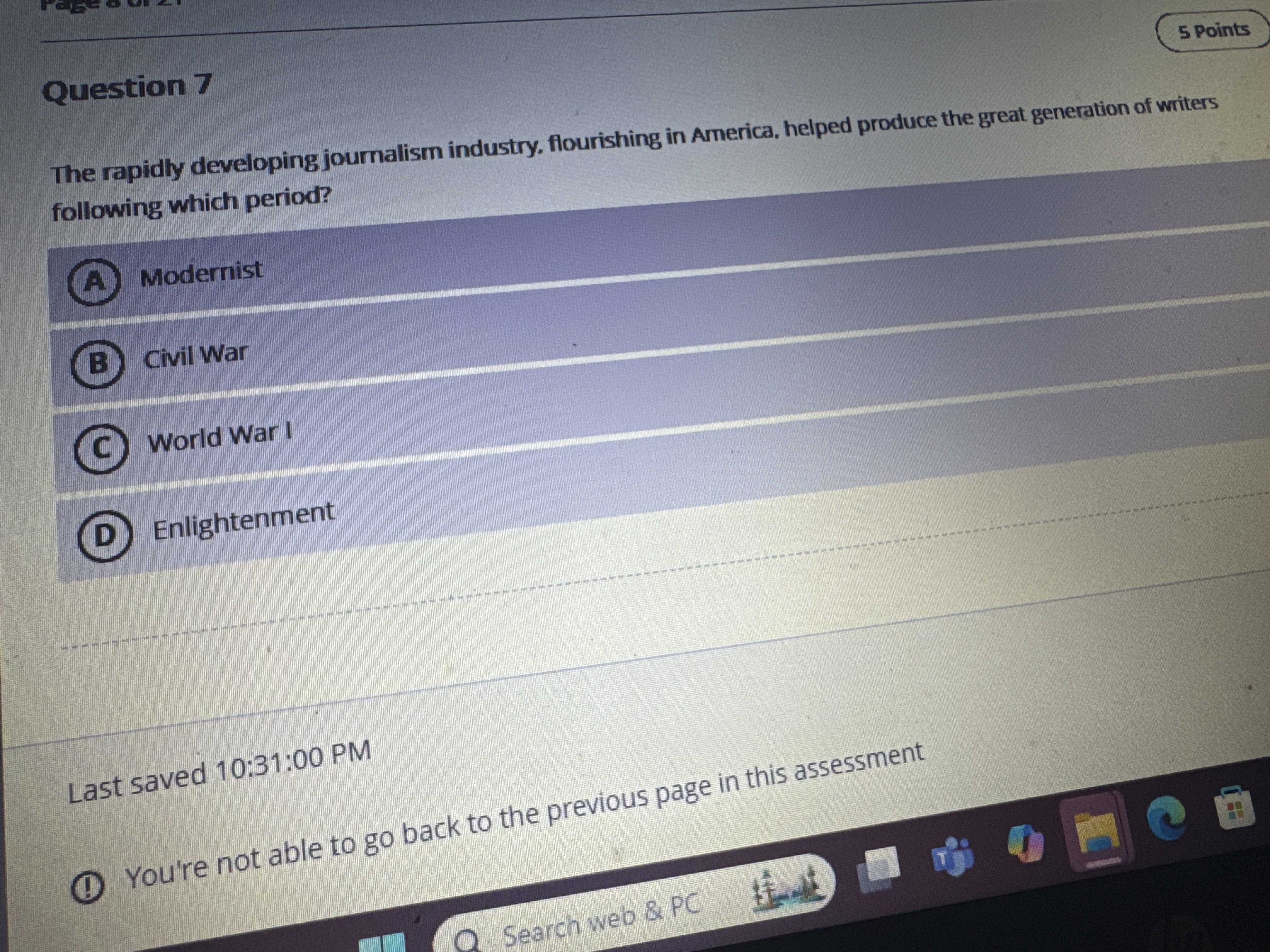 What is the correct answer Question 7 5 Points