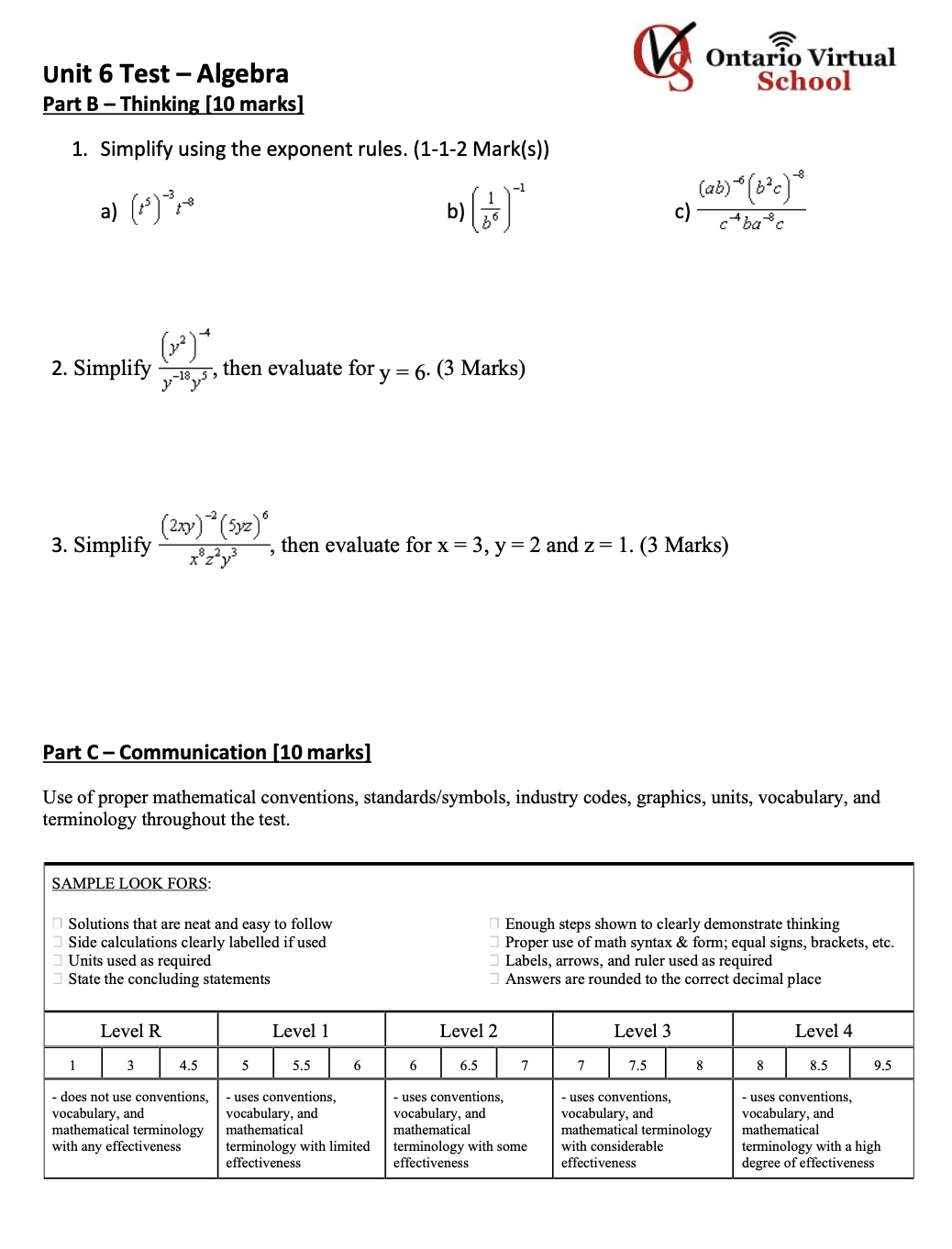 A Ontario Virtual Unit 6 Test Algebra thiol Part