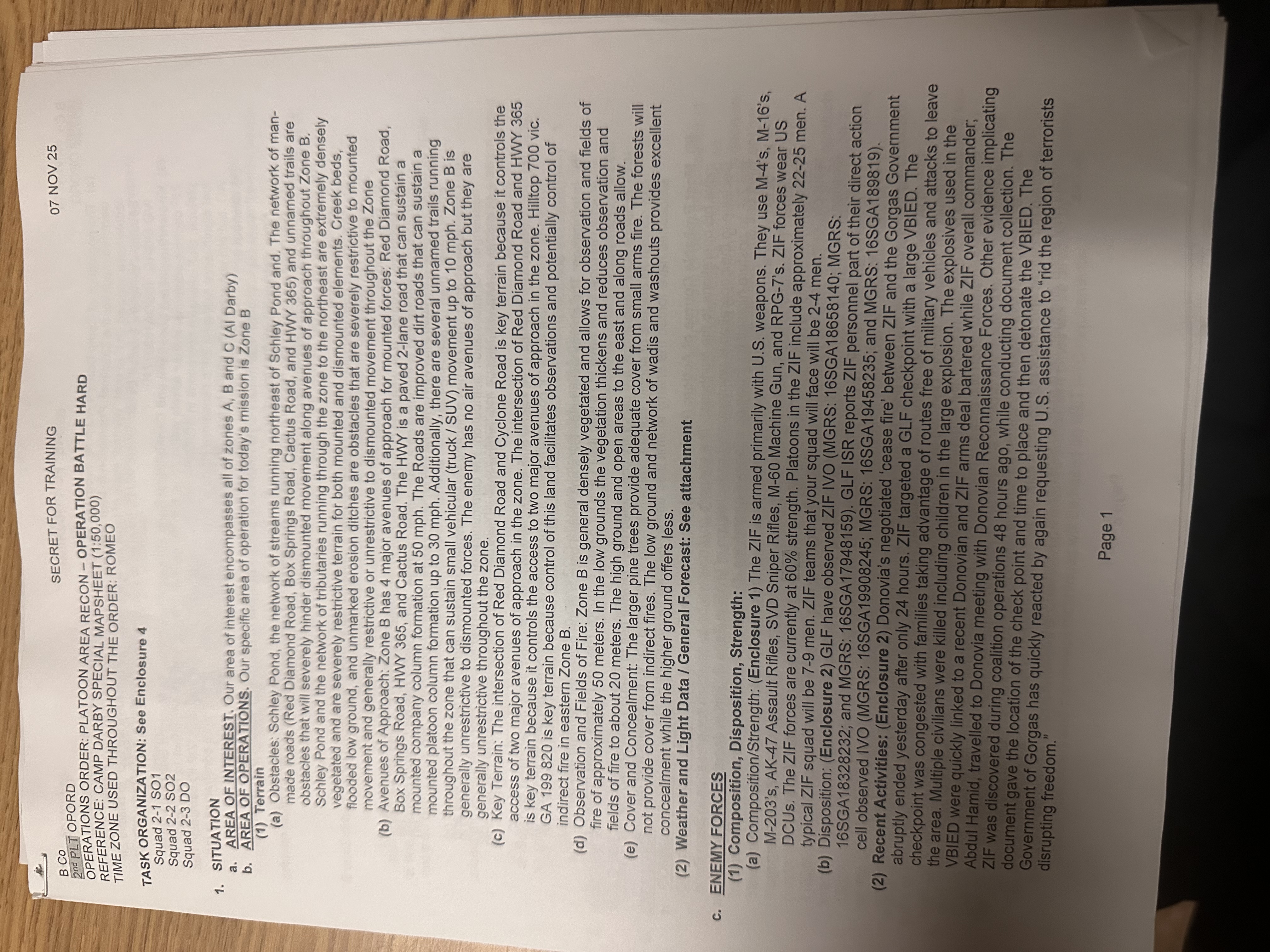 SECRET FOR TRAINING 07 NOV 25 B Co 2nd PLT OPORD