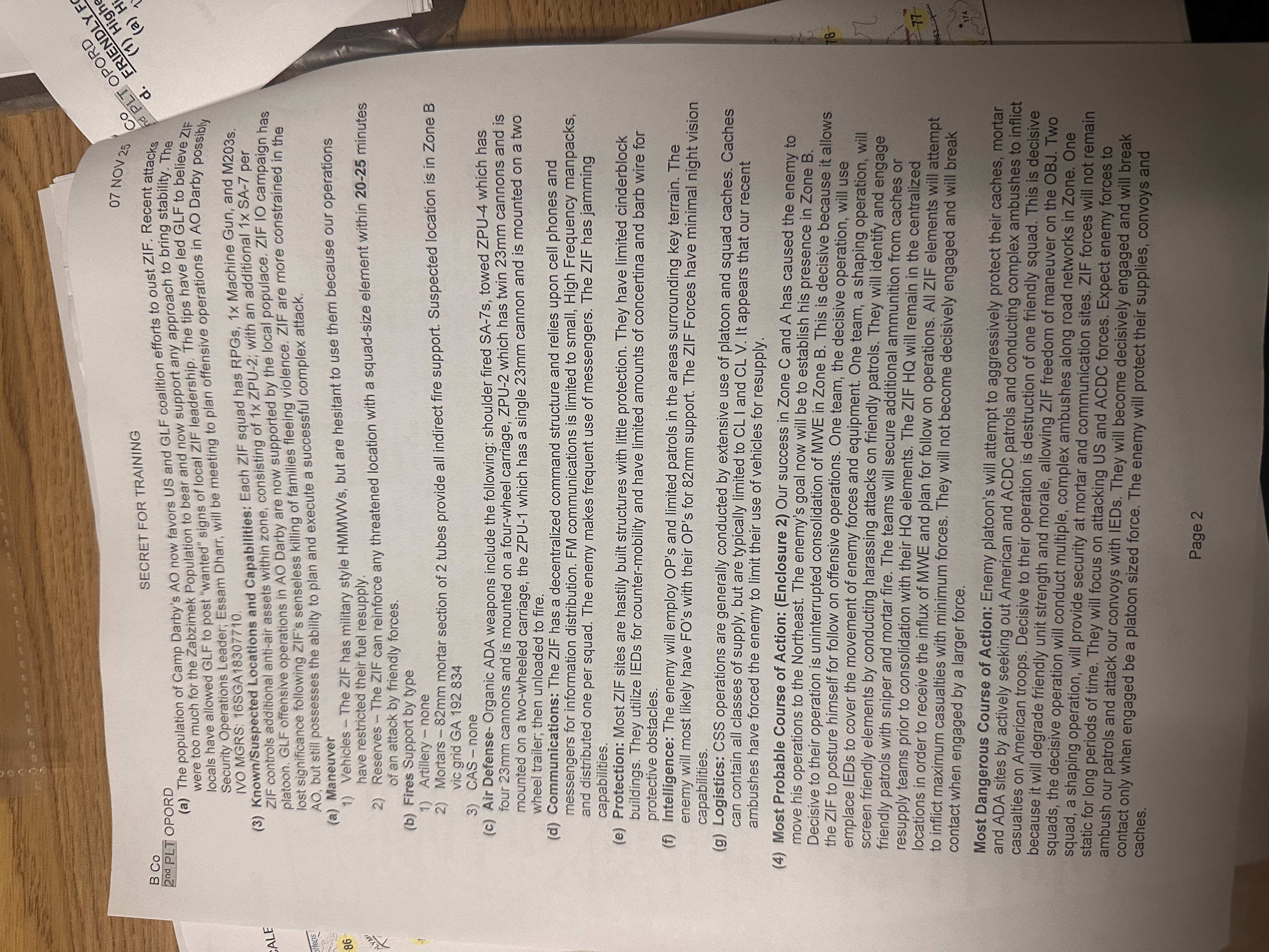 SECRET FOR TRAINING 07 NOV 25 B Co 2nd PLT OPORD