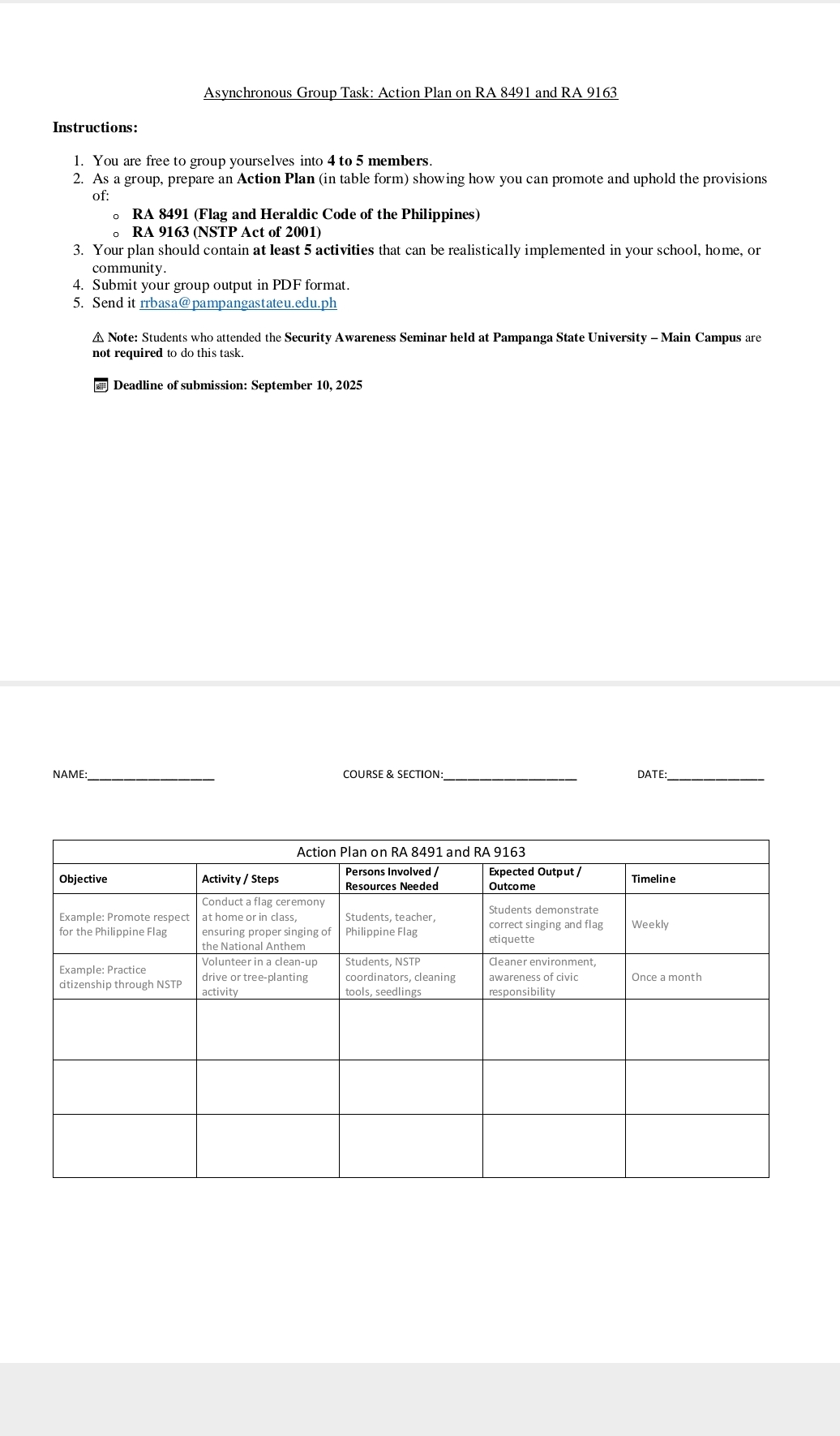 Group action plan for RA 8491 & 9163 Asynchronous
