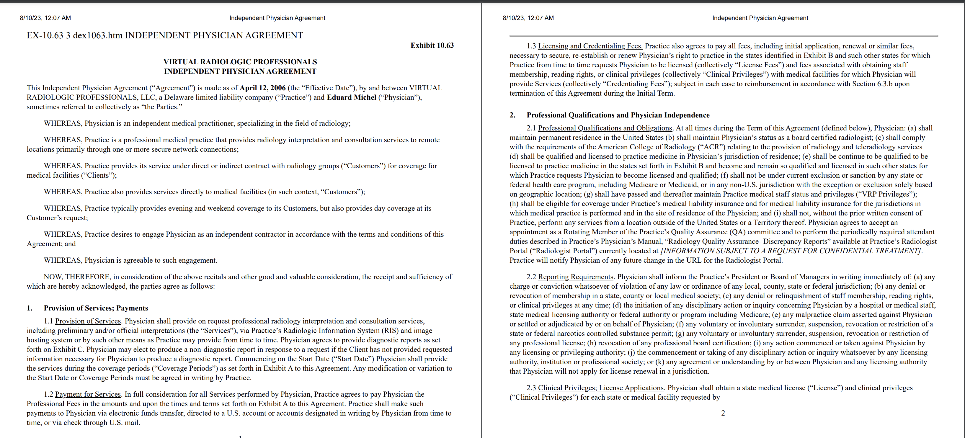 Compare the two contracts: VIRTUAL RADIOLOGIC