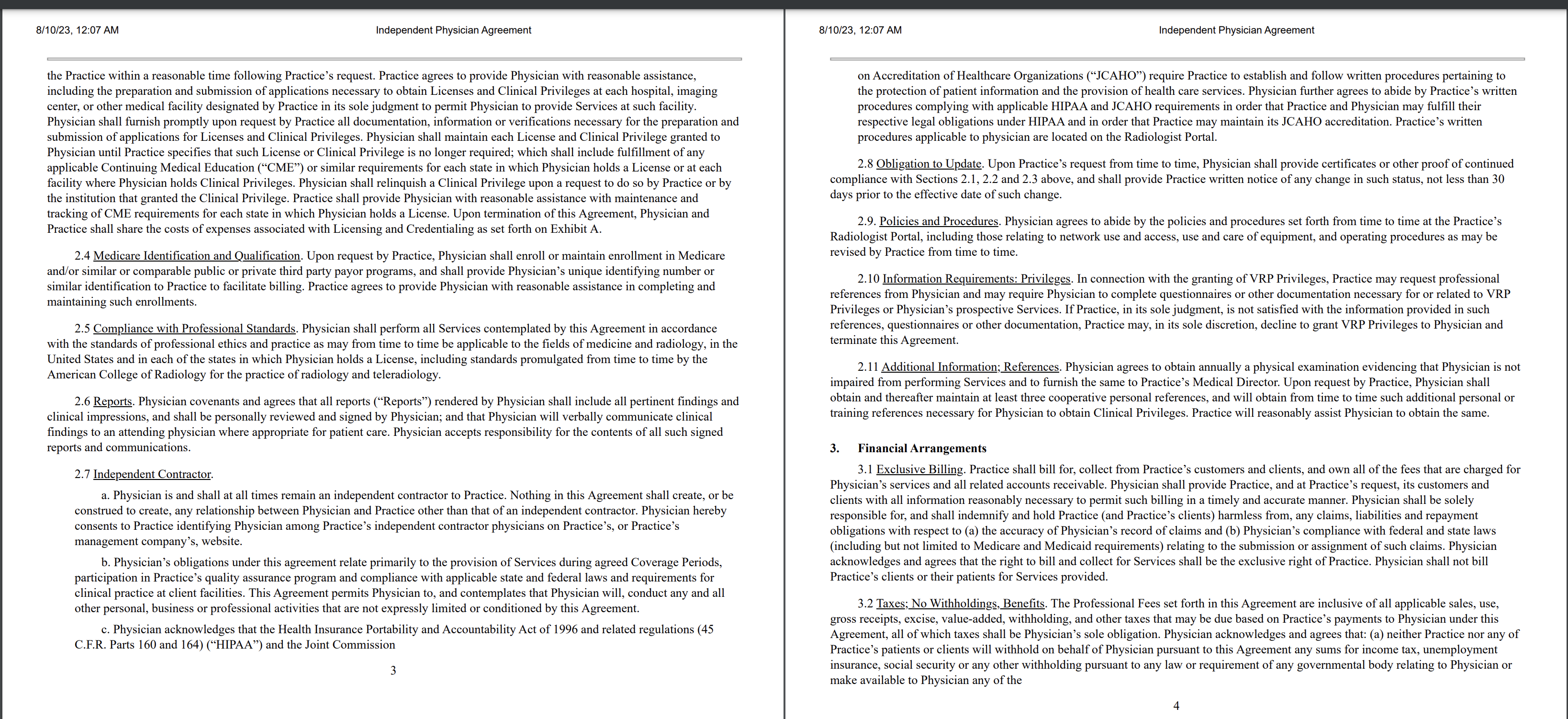 Compare the two contracts: VIRTUAL RADIOLOGIC