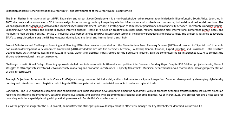 1.2 As the project manager for the BFIA project,