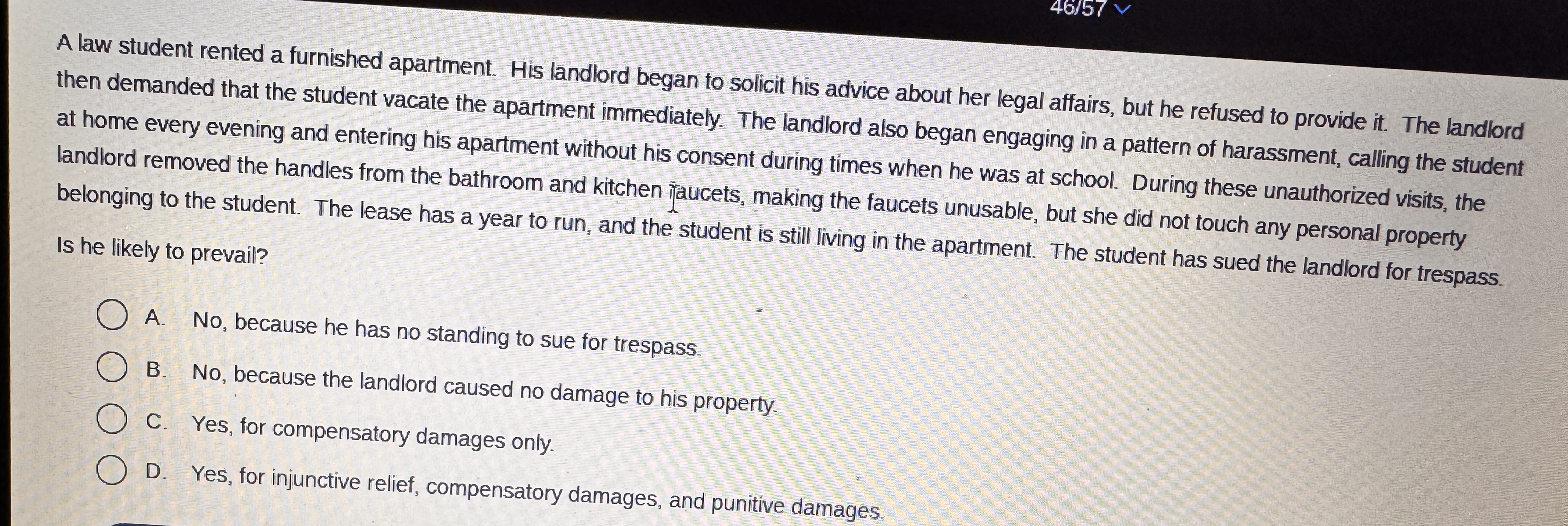 46/57 A law student rented a furnished apartment.