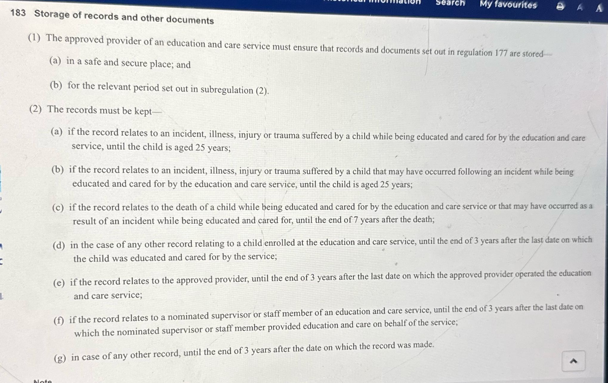 j Regulation 183 Storage of records and other