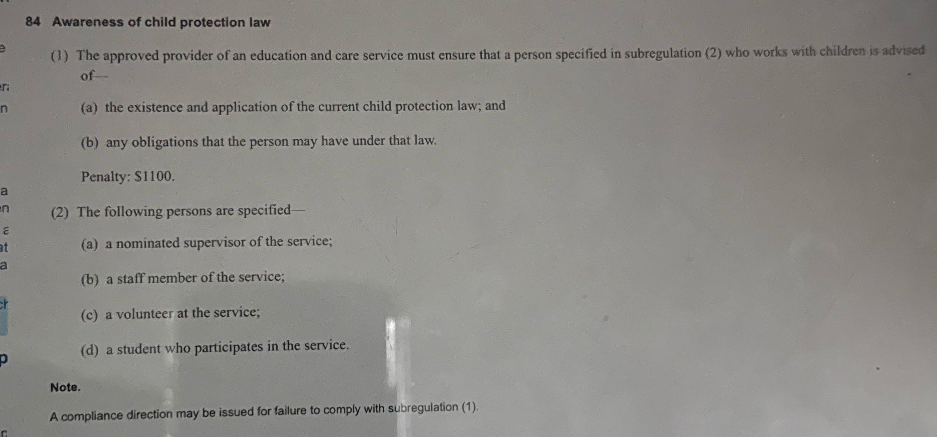 Regulation 84 Awareness of child protection law.