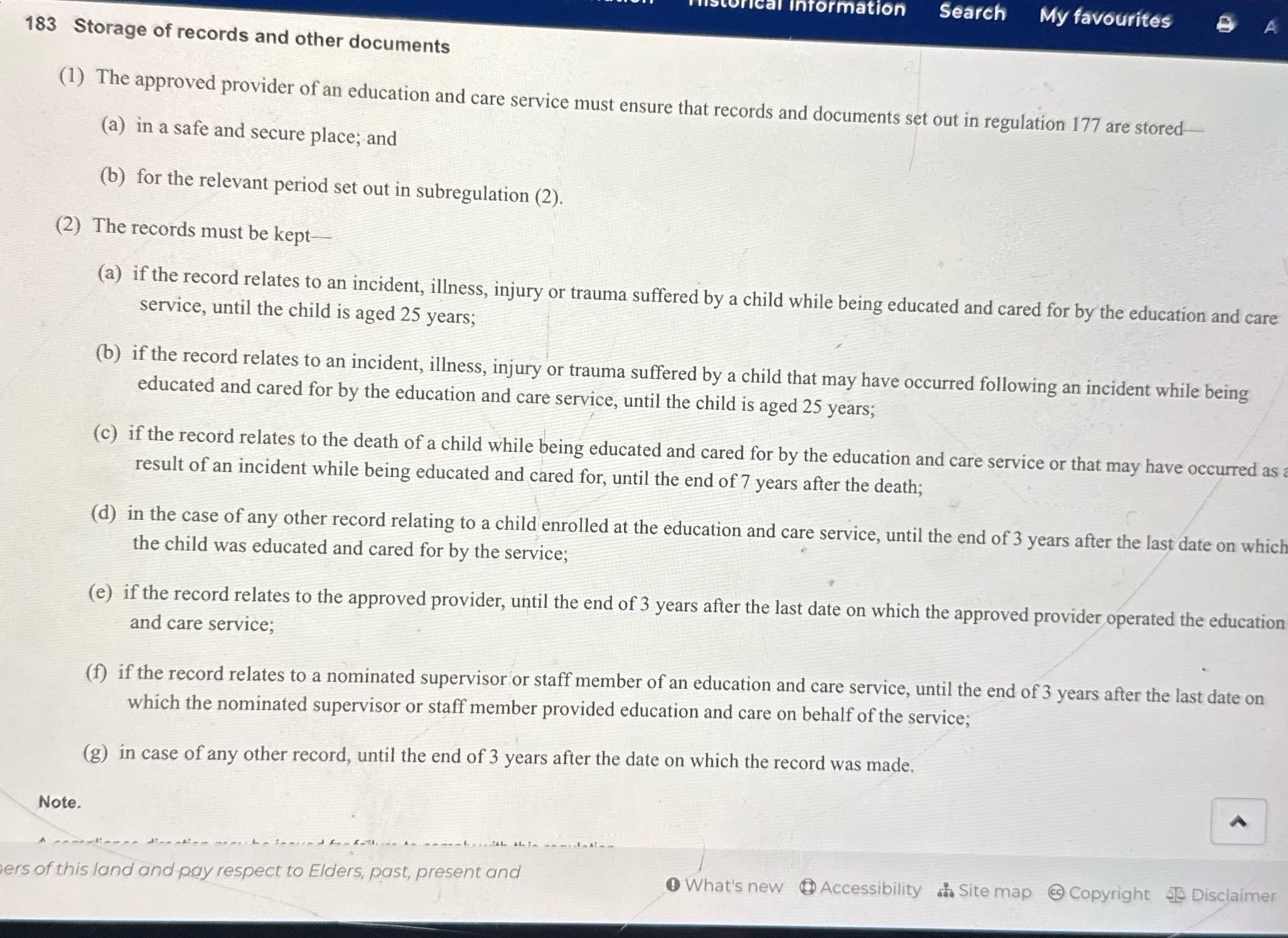 Regulation 183 Storage of records and other