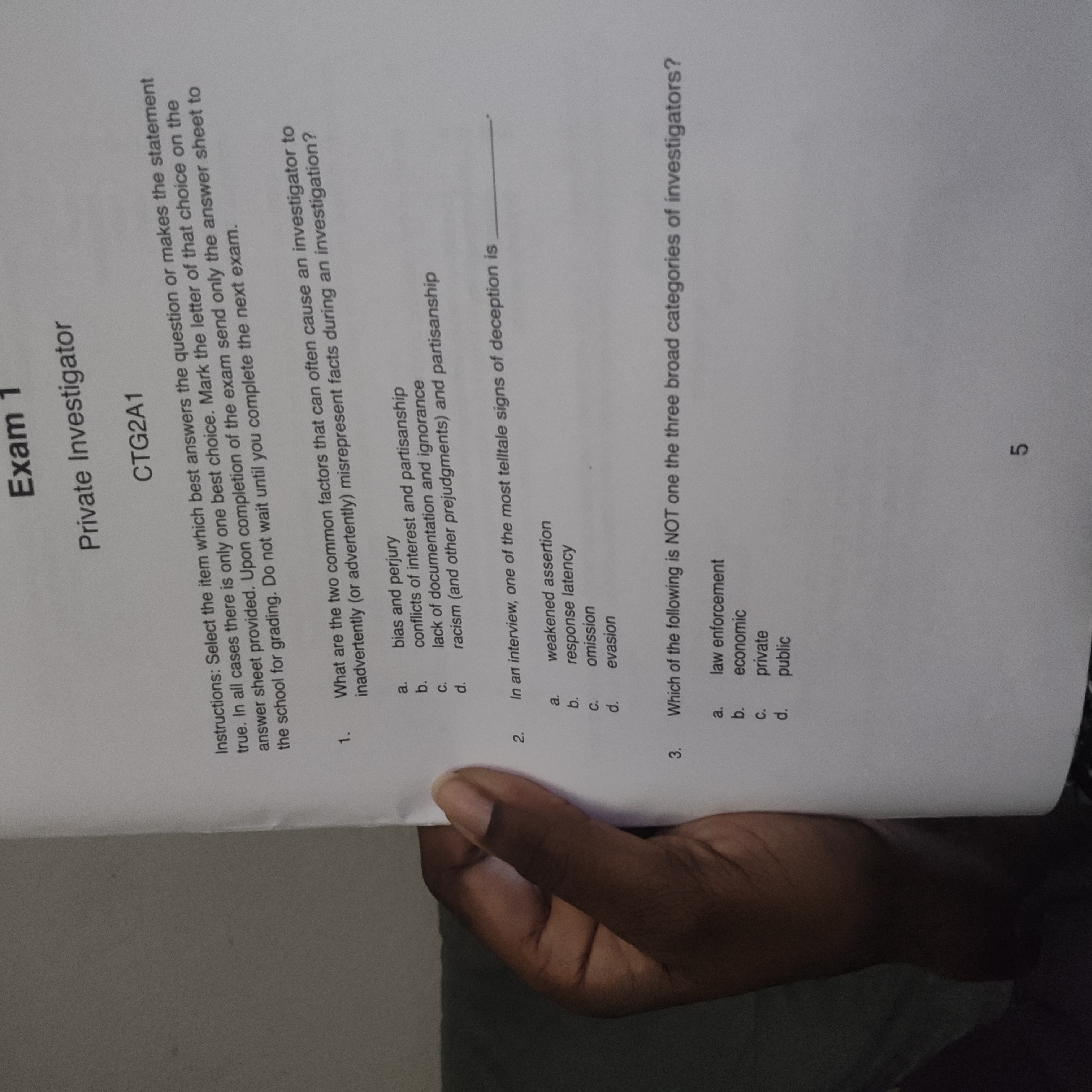 Rx Exam 1 Private Investigator CTG2A1