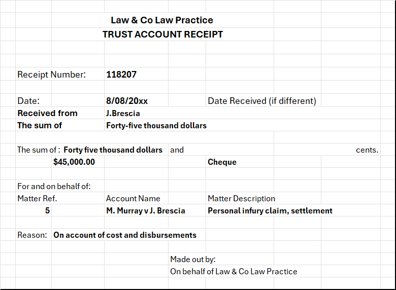Law & Co Law Practice TRUST ACCOUNT RECEIPT