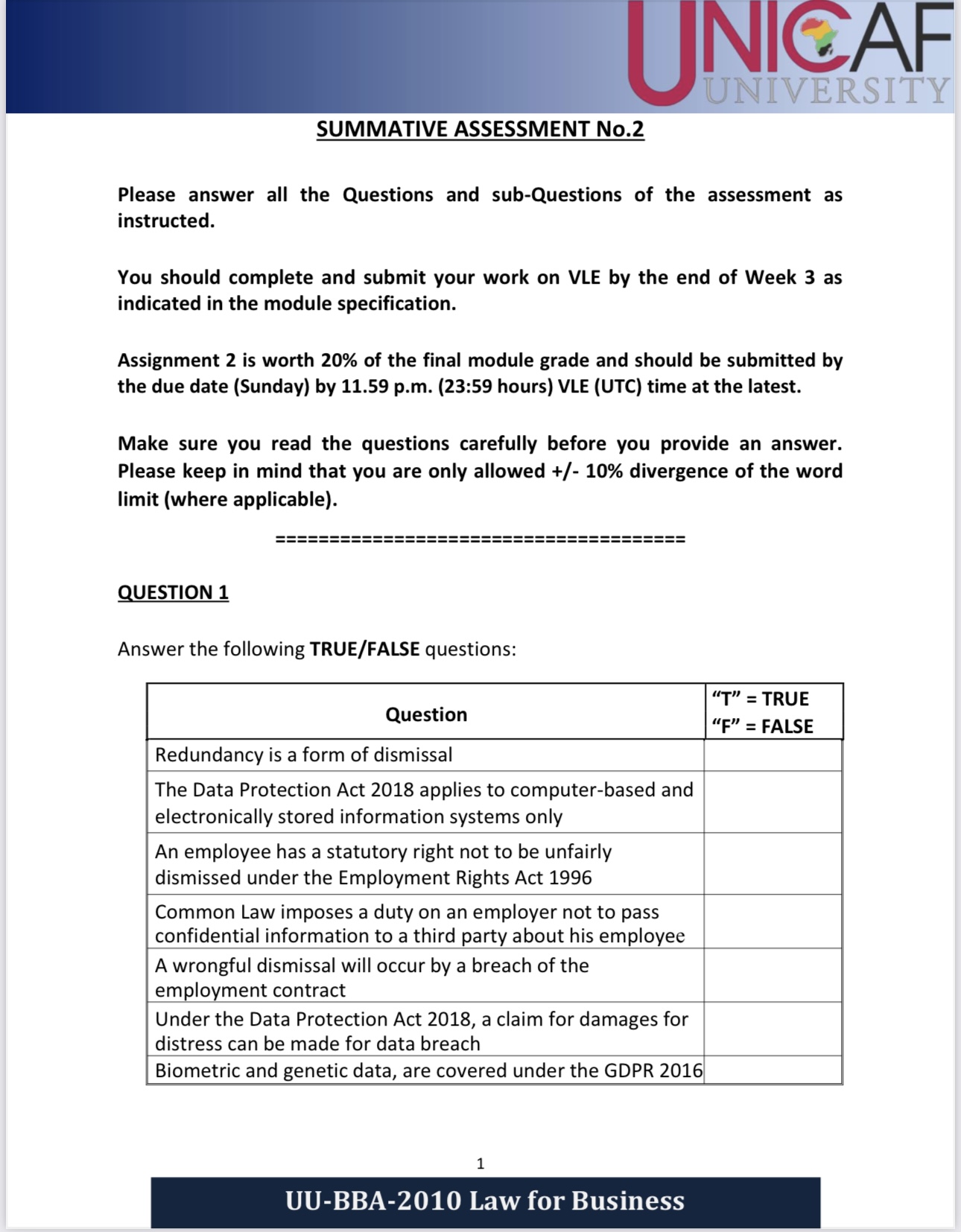 NIGAF UNIVERSITY SUMMATIVE ASSESSMENT No.2 Please