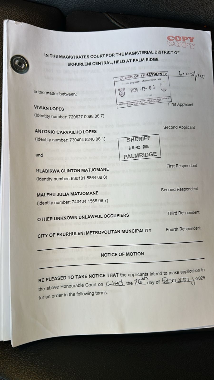 COPY COPY IN THE MAGISTRATES COURT FOR THE