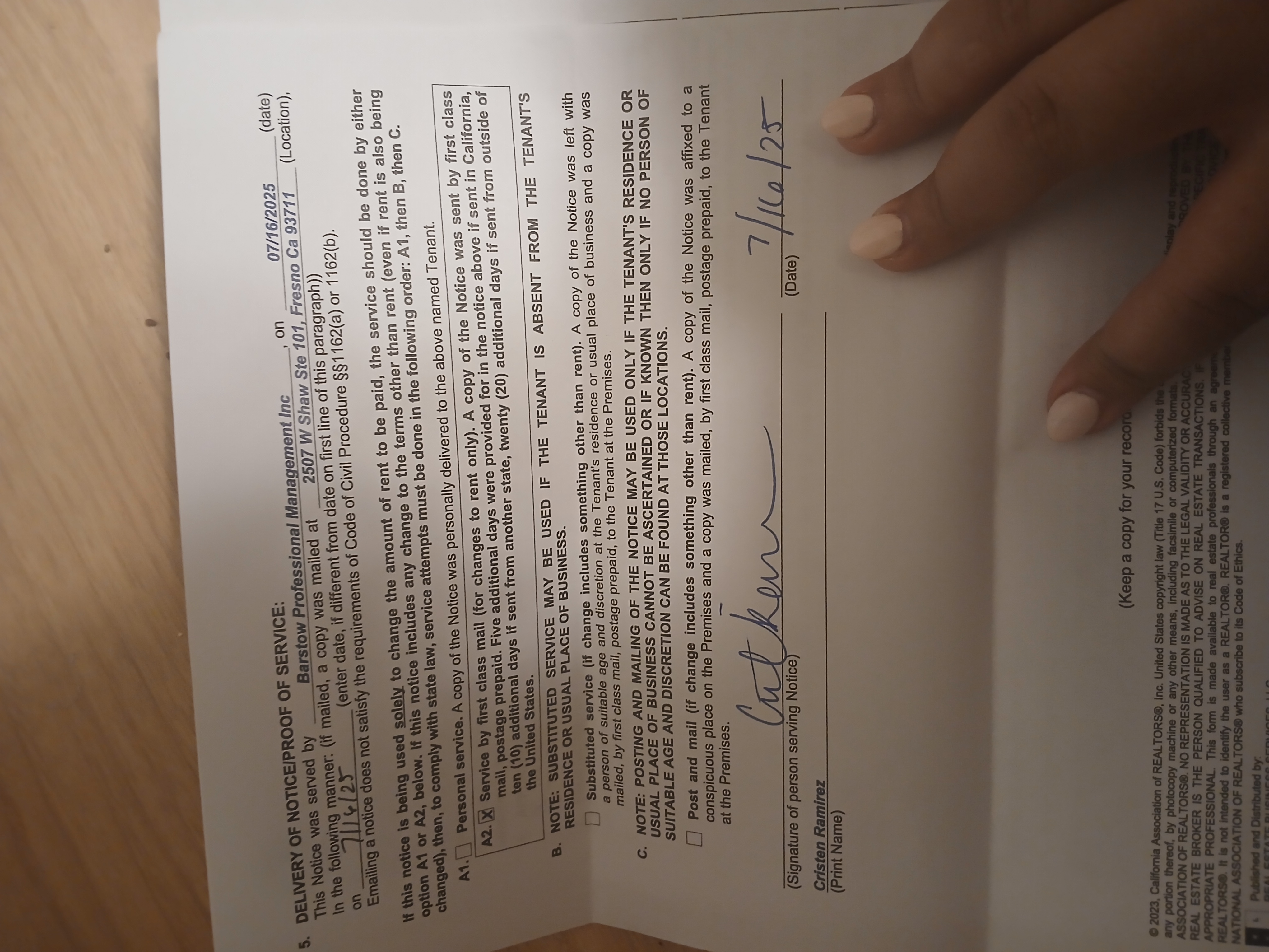 DELIVERY OF NOTICE/PROOF OF SERVICE: (date)