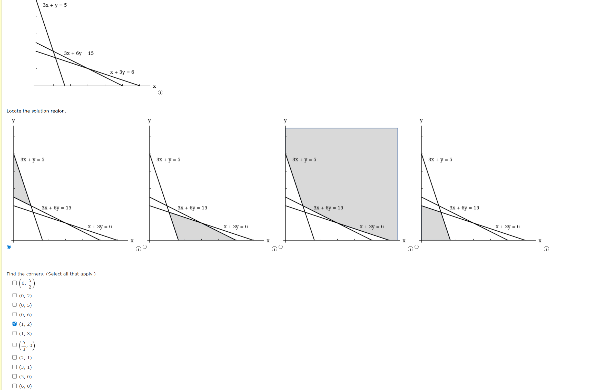 what is the answer 3x + y =5 3x + 6y = 15 x + 3y