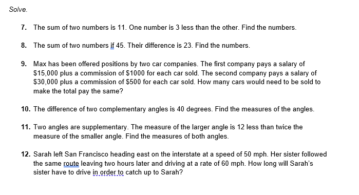 what is the answer Solve. 10. 11. 12. The sum of