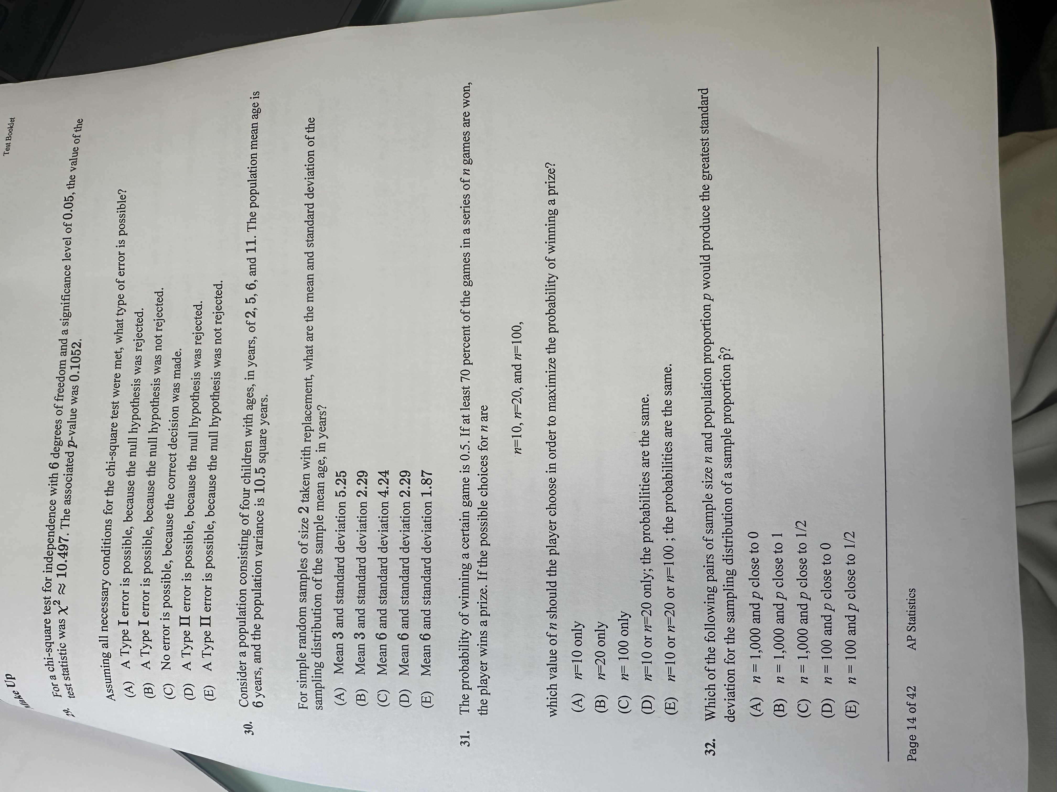 29 make Up Test Booklet For a chi-square test for