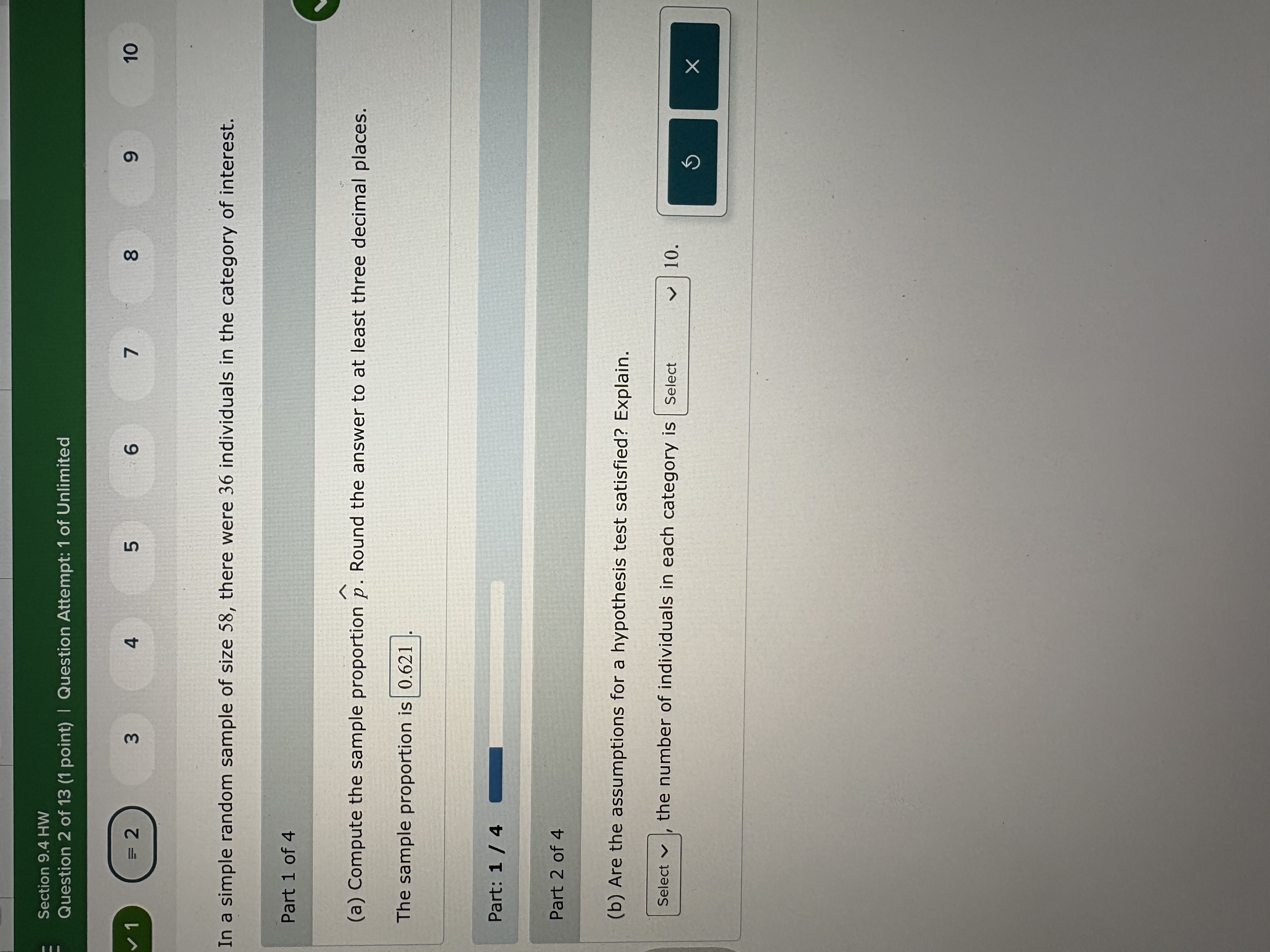 Section 9.4 HW Question 2 of 13 (1 point) |