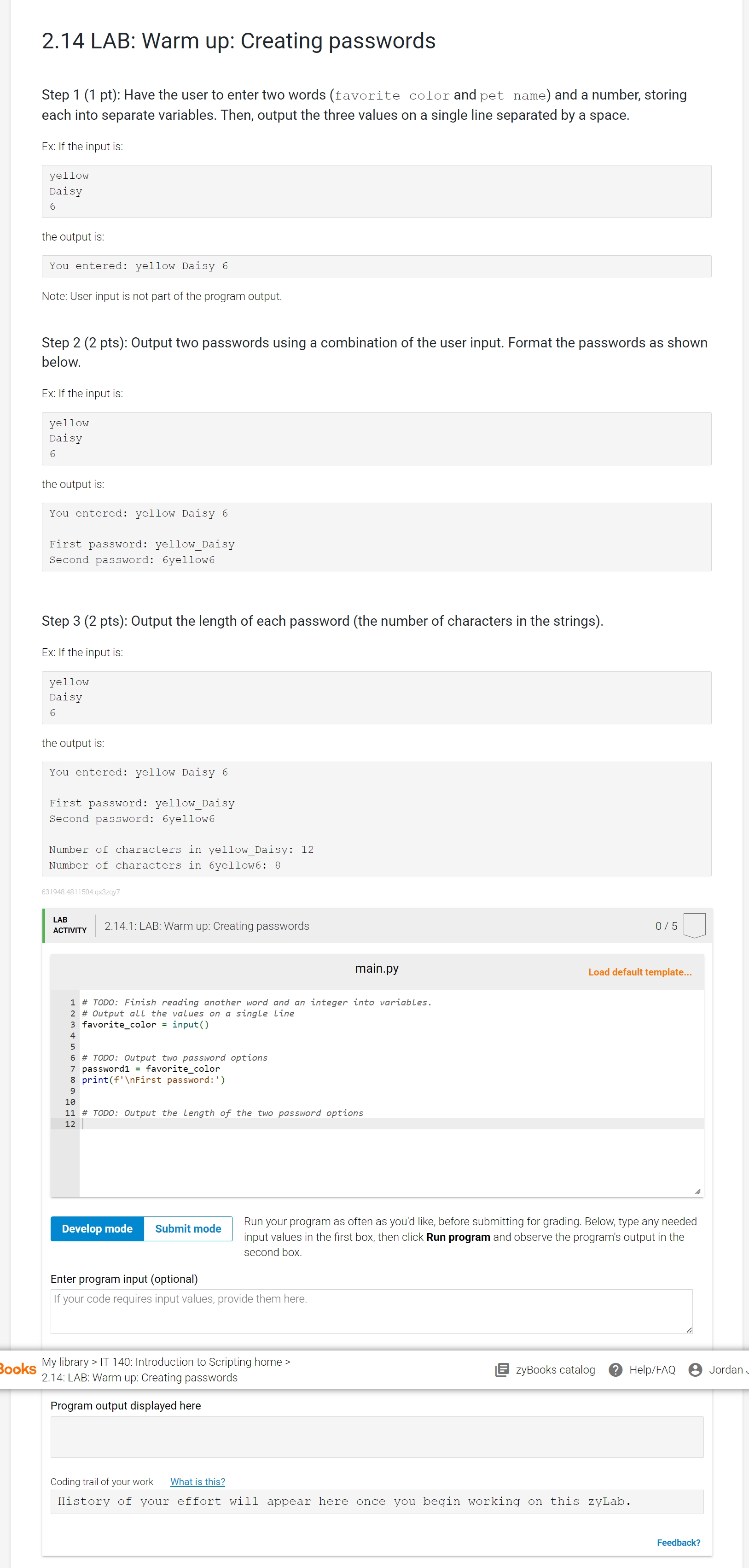 solve 2.14 LAB: Warm up: Creating passwords Step