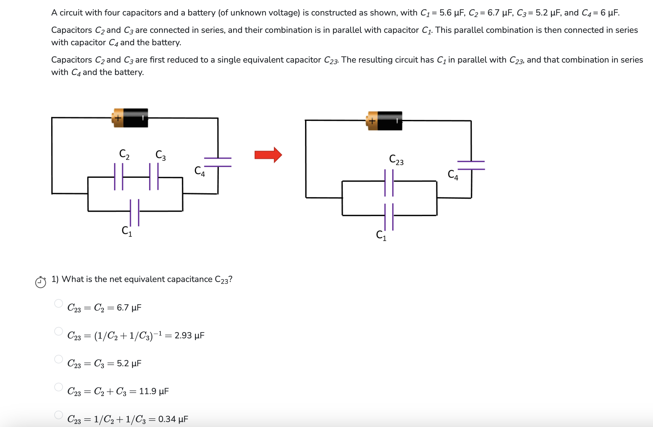 solve A circuit with four capacitors and a