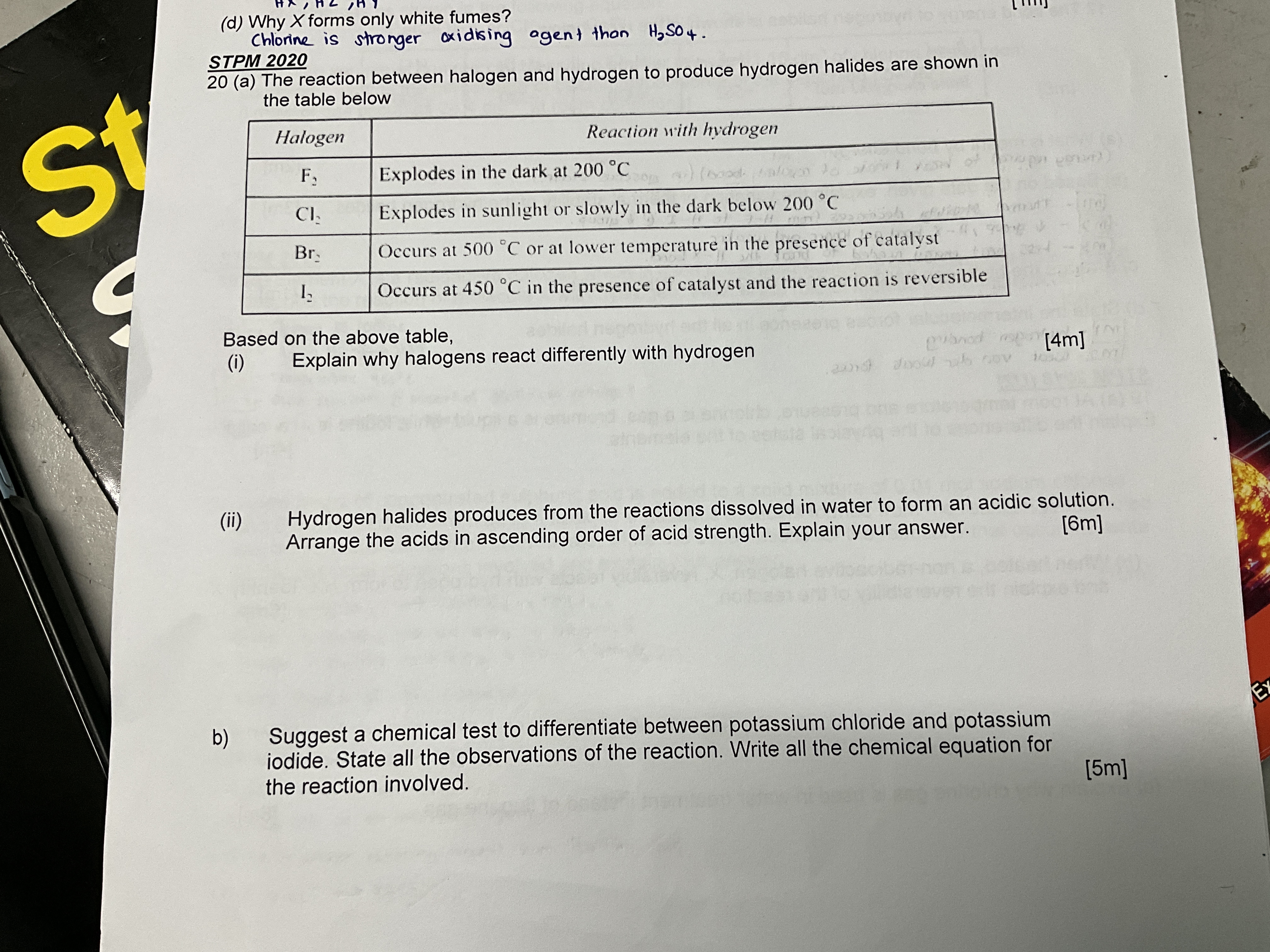 the question (d) Why X forms only white fumes?