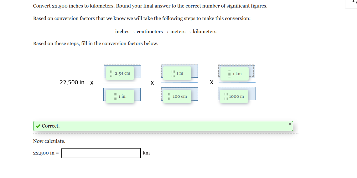 Convert 22,500 inches to kilometers. Round your