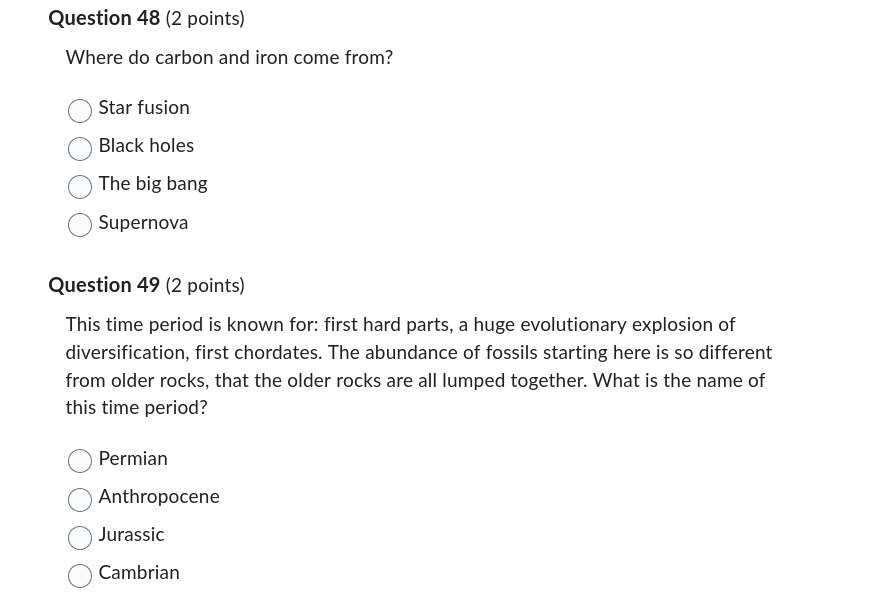 solve Question 48 (2 points) Where do carbon and