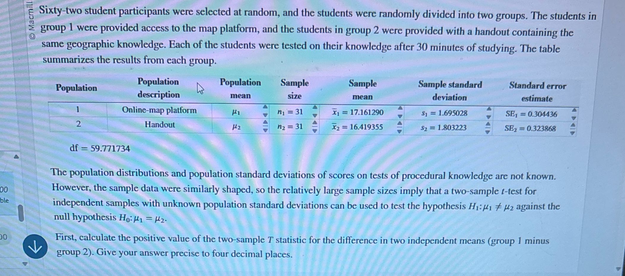 T=, P= Sixty-two student participants were