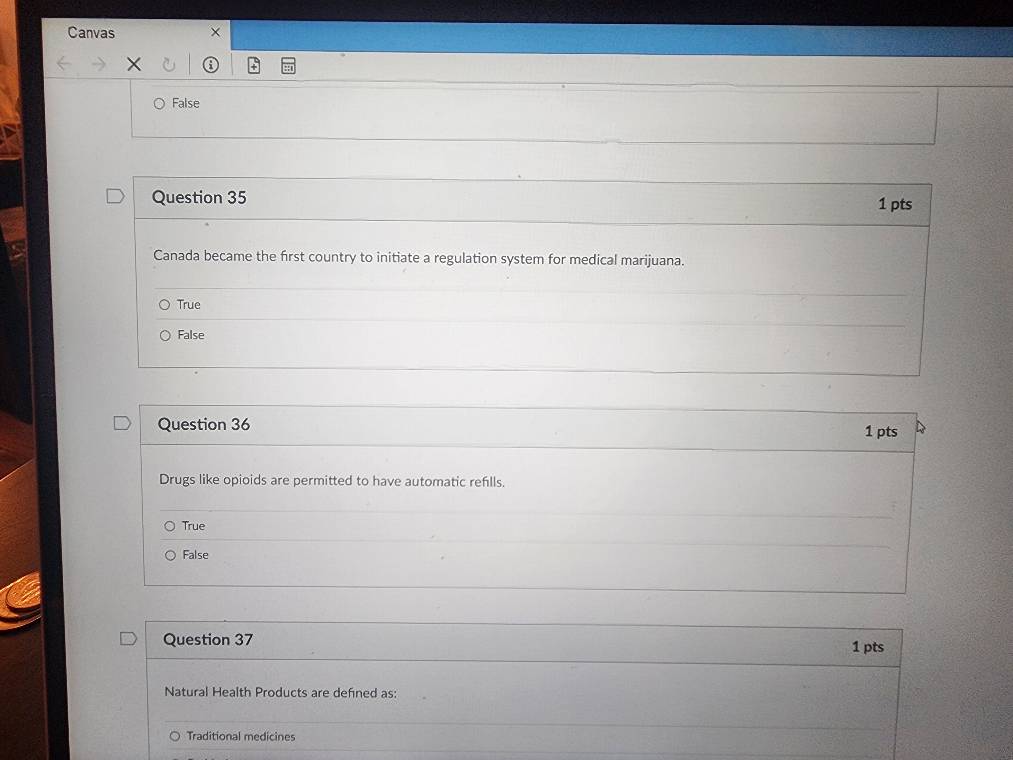 A Canvas X X U A O False D Question 35 1 pts