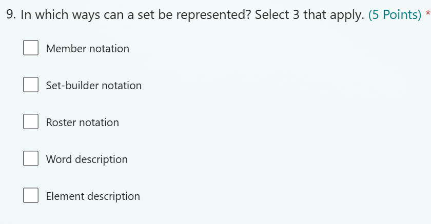 9. In which ways can a set be represented? Select