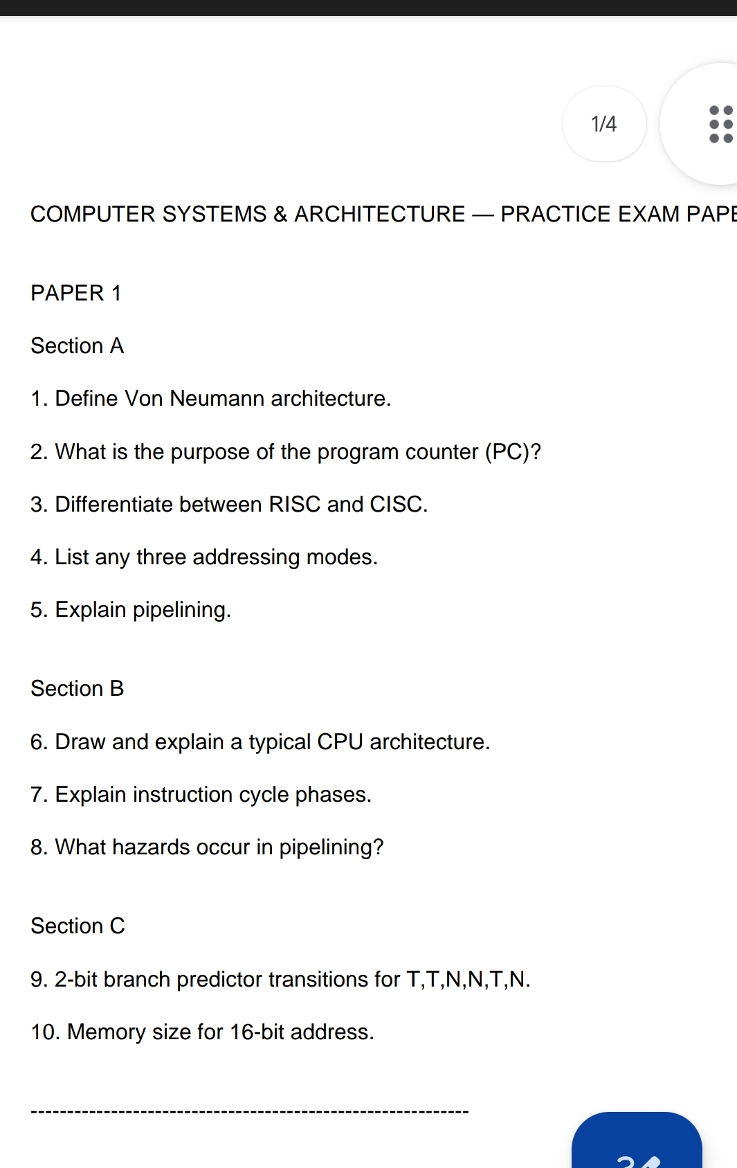 please 1/4 COMPUTER SYSTEMS & ARCHITECTURE -