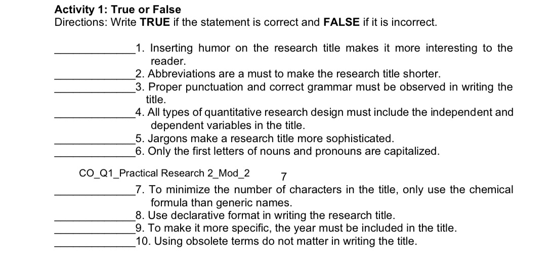 Activity 1: True or False Directions: Write TRUE