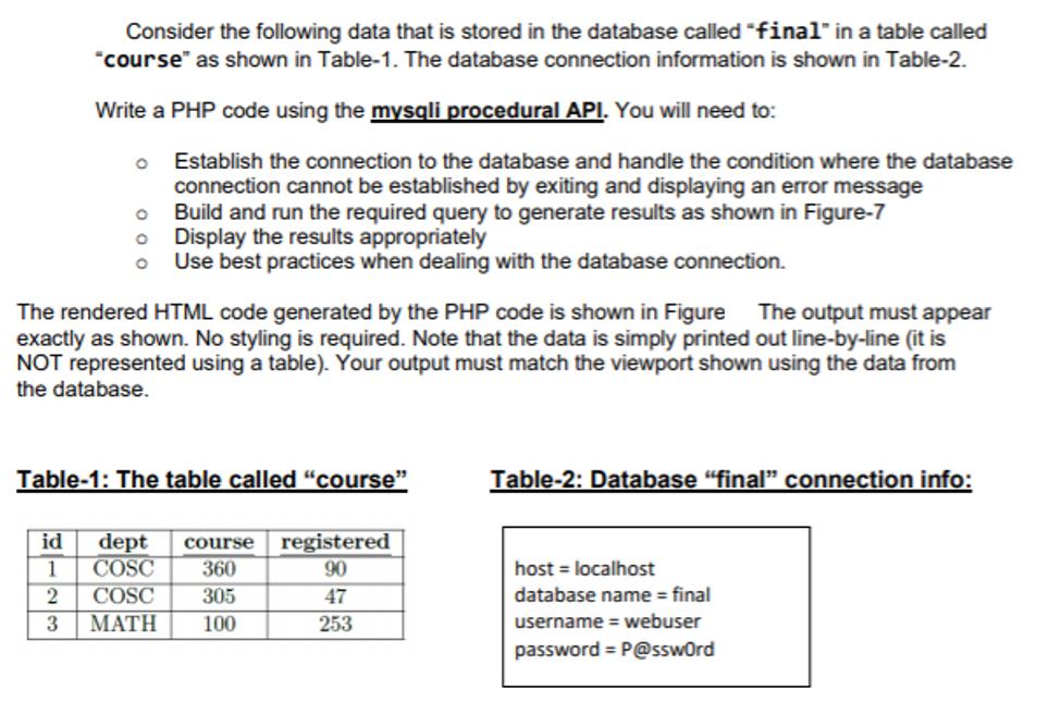 Consider the following data that is stored in the database called "final" in a table called "course" as shown