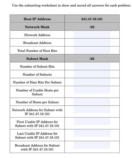 Use the subnetting worksheet to show and record all answers for each problem: Host IP Address Network Mask