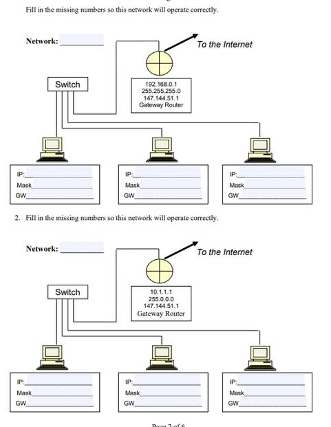 Fill in the missing numbers so this network will operate correctly. Network: IP: Mask GW Switch Network: IP: