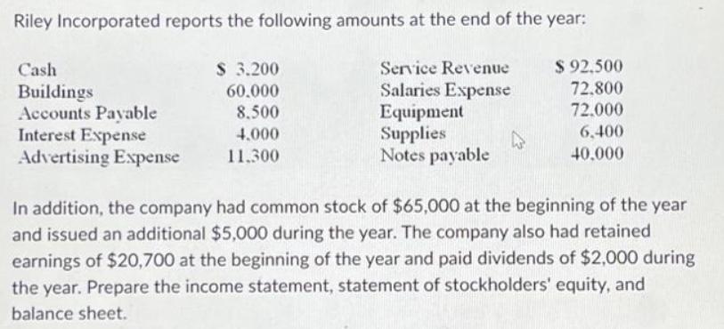 Riley Incorporated reports the following amounts at the end of the year: Service Revenue Salaries Expense