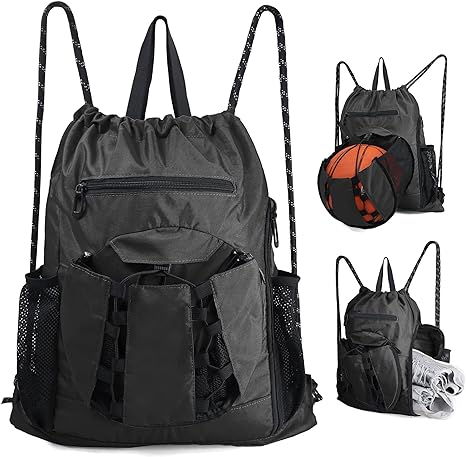 beegreen black gym sports bag drawstring with ball holder shoe compartment for volleyball baseball etc 