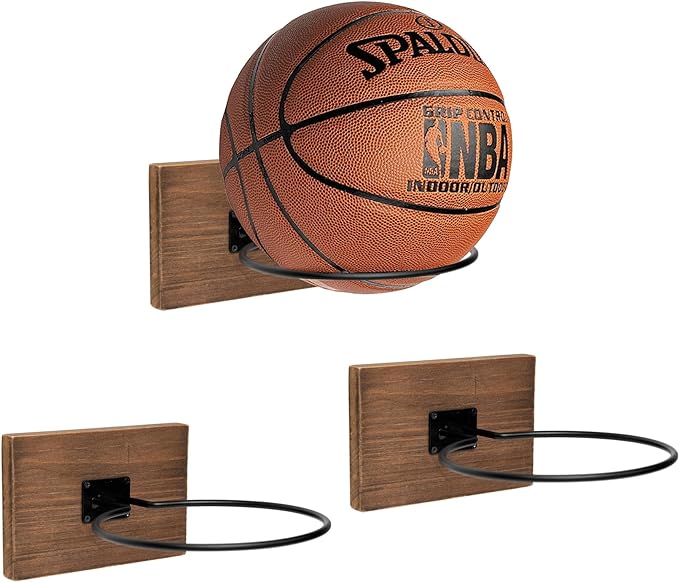 Genmous Set Of 3 Wood Stand For Basketball Football Volleyball Holder Wall Mount Display For Boys